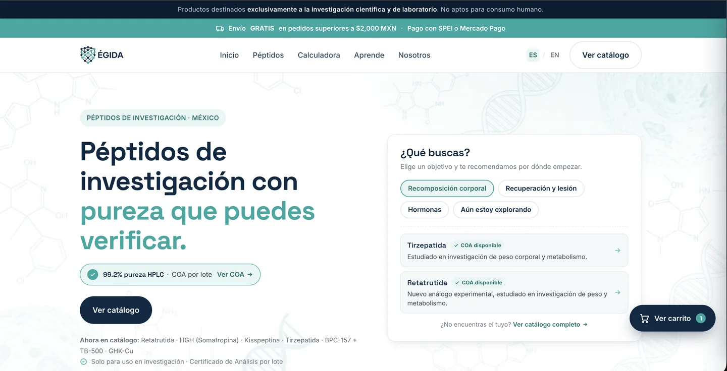 Página de inicio de Égida Peptides, tienda en línea bilingüe construida por AgaveRank